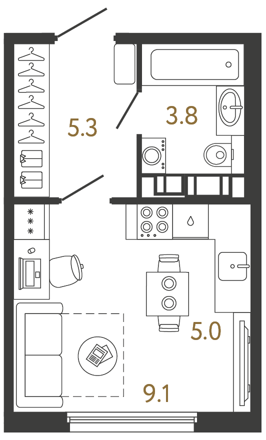 Студия 23.2 м², 7 этаж