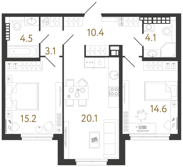 2-комнатная 72 м², 7 этаж, 45 360 000 руб.