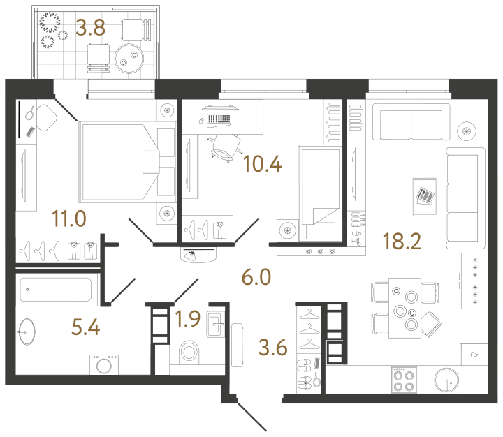 2-комнатная 56.5 м², 5 этаж, 19 135 211 руб.