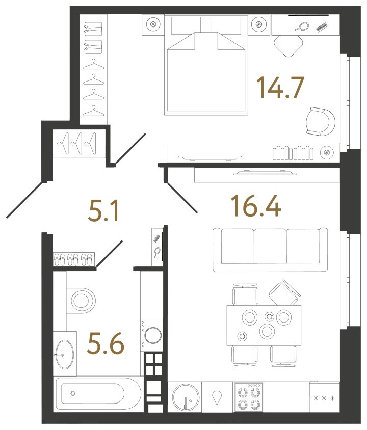 1-комнатная 41.8 м², 3 этаж, 26 334 000 руб.