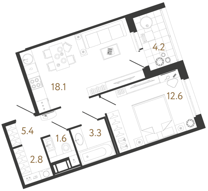 1-комнатная 43.8 м², 4 этаж, 16 200 910 руб.