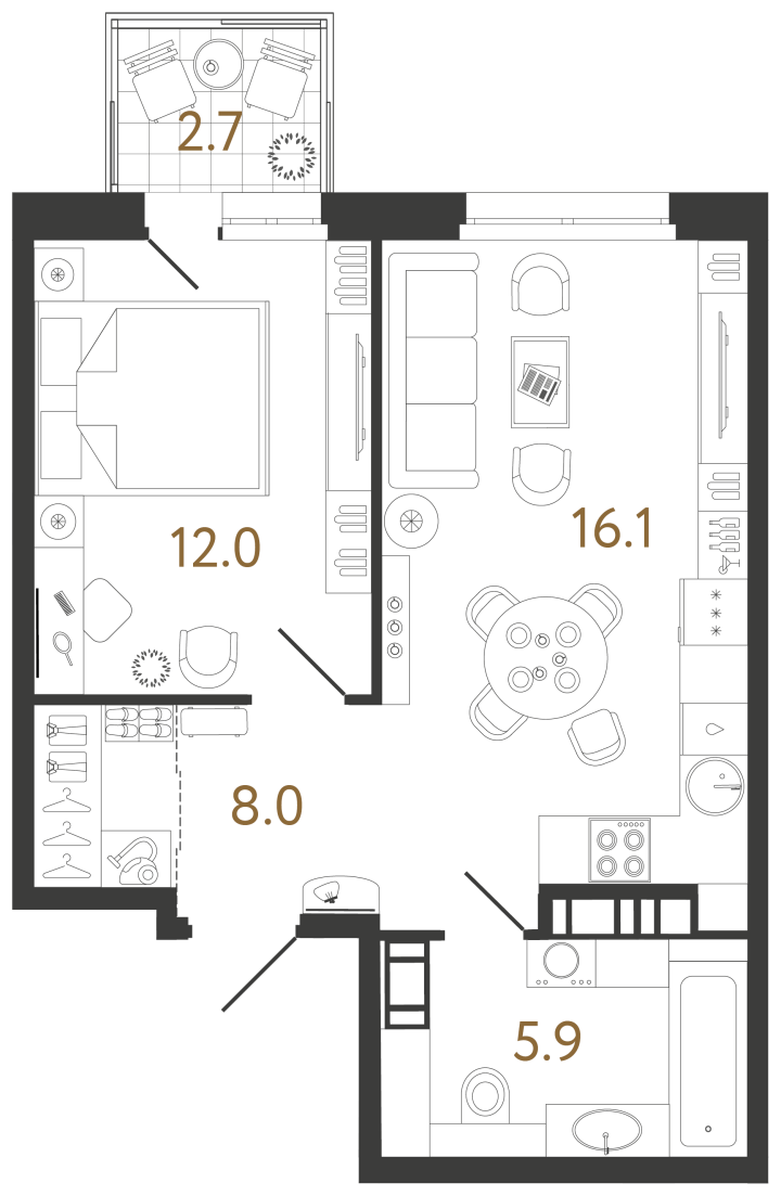 1-комнатная 42 м², 9 этаж, 15 802 555 руб.