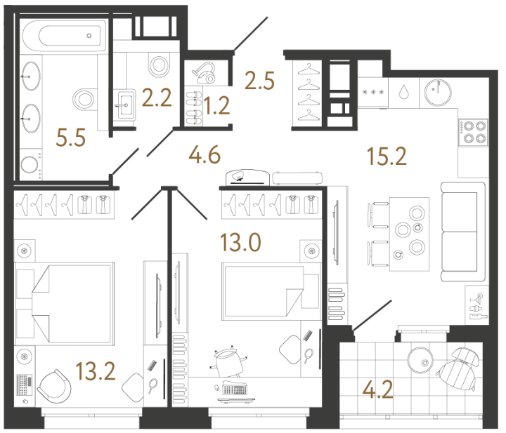 2-комнатная 57.4 м², 5 этаж, 19 676 726 руб.