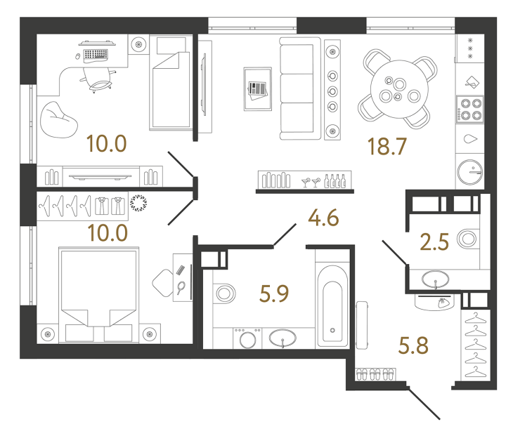 2-комнатная 57.5 м², 7 этаж, 16 694 861 руб.