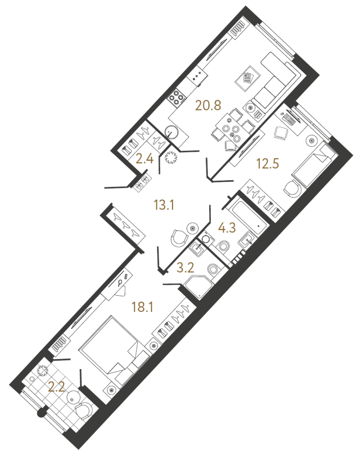 2-комнатная 74.4 м², 6 этаж, 34 593 179 руб.