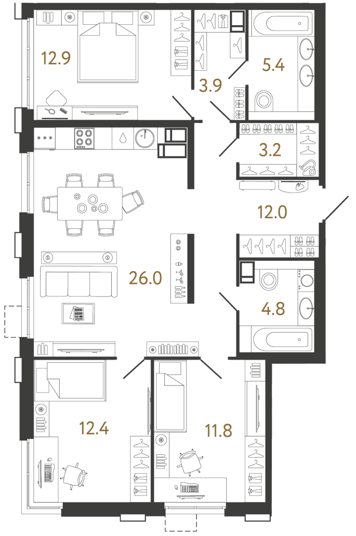 3-комнатная 92.4 м², 8 этаж, 26 361 350 руб.