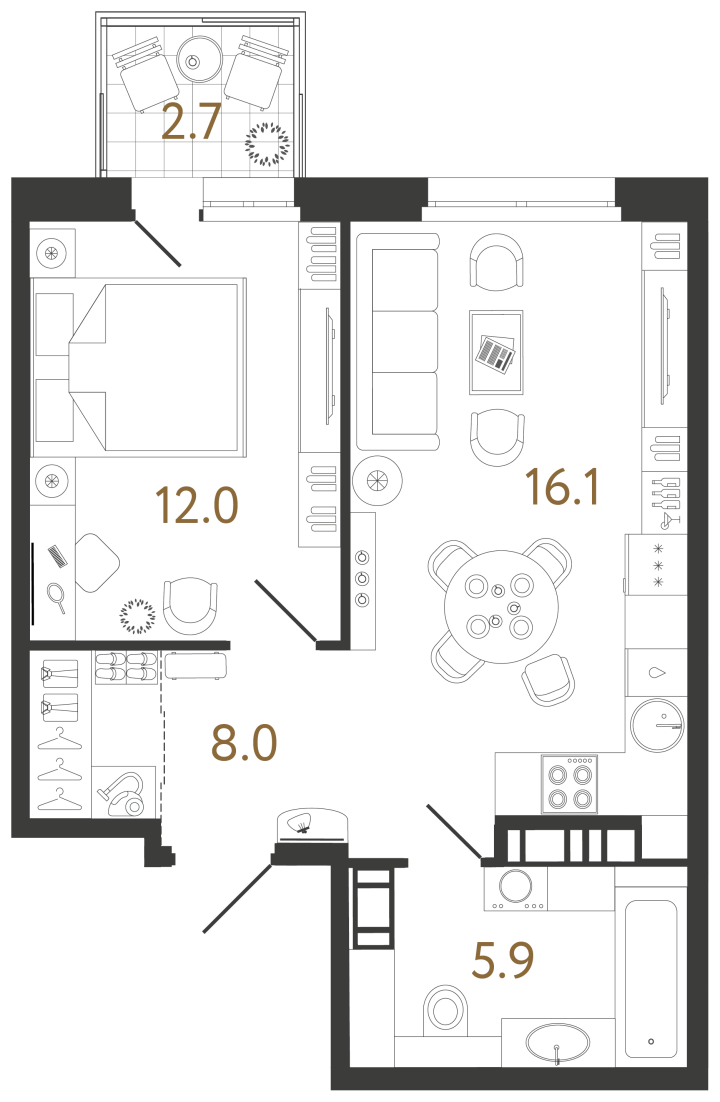 1-комнатная 42 м², 7 этаж, 16 422 550 руб.