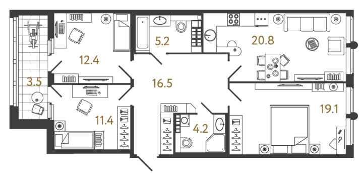 3-комнатная 89.6 м², 6 этаж, 41 920 801 руб.