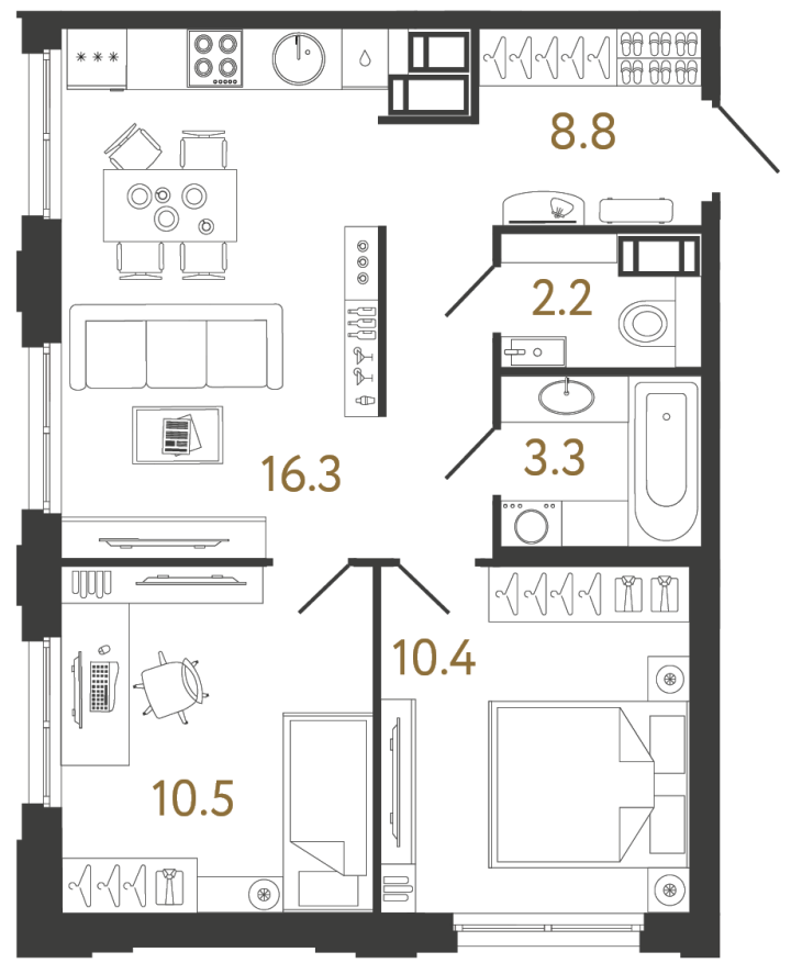 2-комнатная 51.5 м², 7 этаж, 15 175 351 руб.