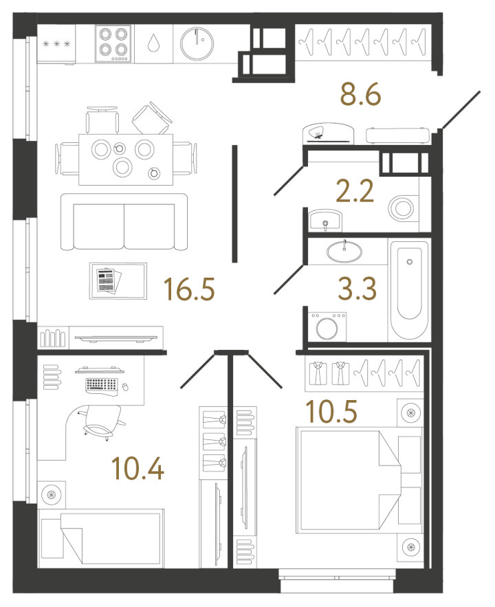 2-комнатная 51.5 м², 12 этаж, 13 930 956 руб.