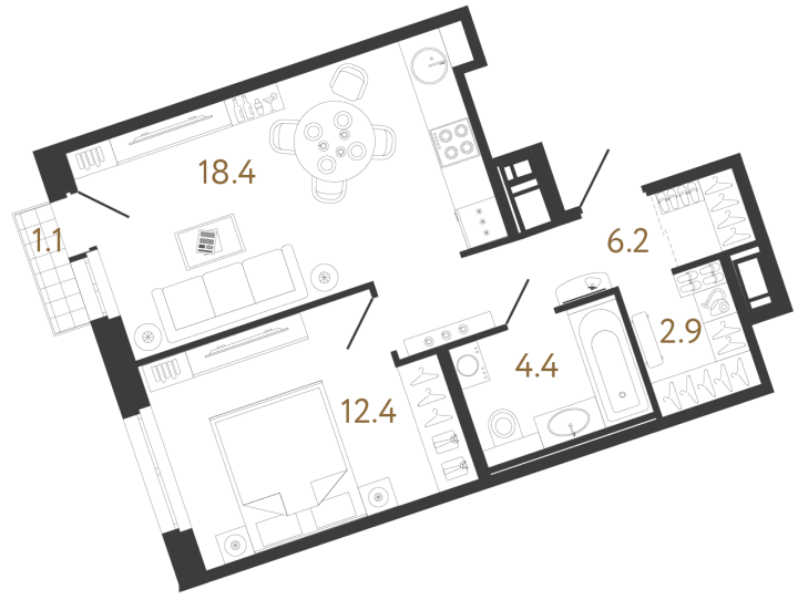 1-комнатная 44.3 м², 4 этаж, 15 896 328 руб.