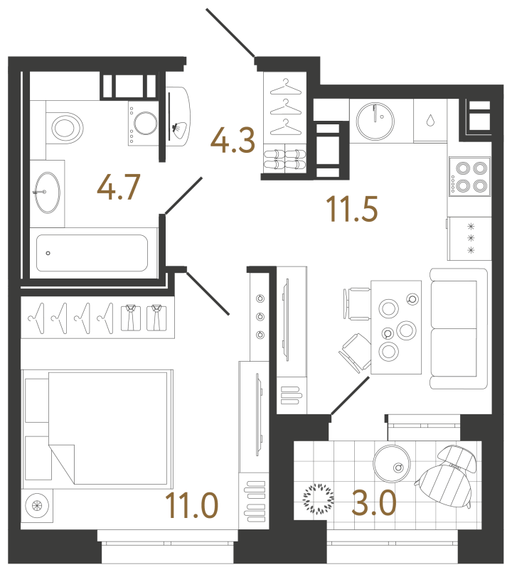 1-комнатная 31.5 м², 12 этаж, 13 134 810 руб.