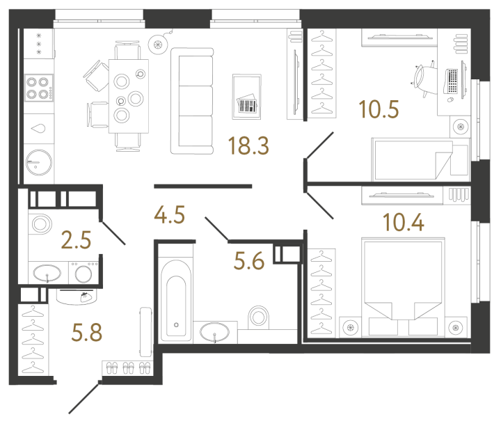 2-комнатная 57.6 м², 5 этаж, 15 691 864 руб.