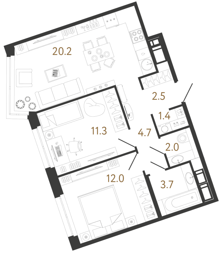 2-комнатная 57.8 м², 4 этаж, 18 850 175 руб.