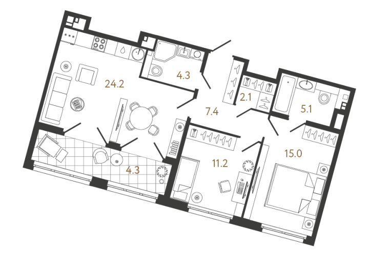 2-комнатная 69.3 м², 3 этаж, 31 541 474 руб.