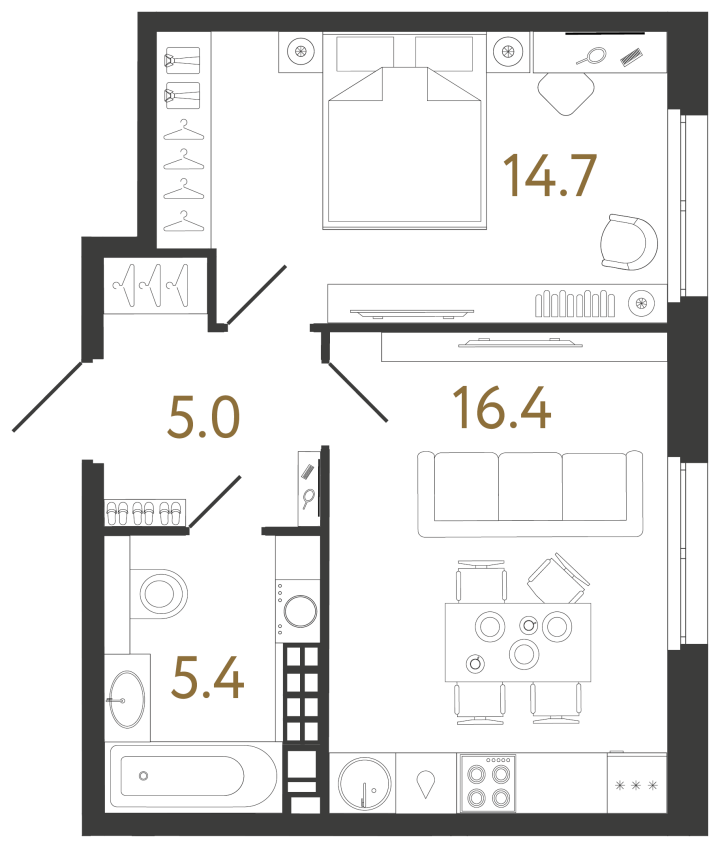 1-комнатная 41.5 м², 5 этаж, 26 145 000 руб.