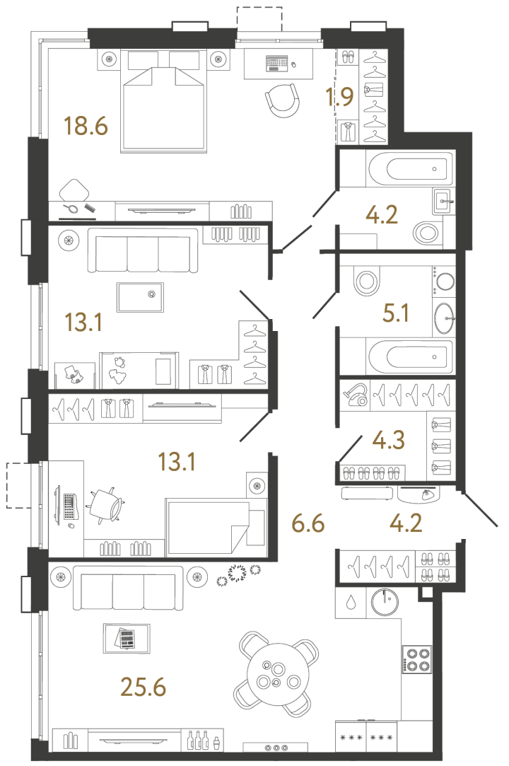 3-комнатная 96.7 м², 3 этаж, 25 432 777 руб.