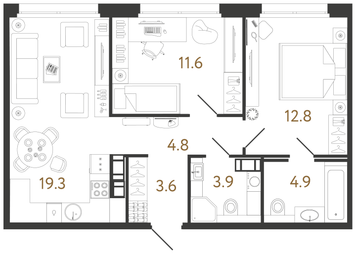2-комнатная 60.9 м², 4 этаж, 19 838 096 руб.