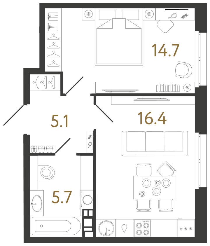 1-комнатная 41.9 м², 2 этаж, 26 397 000 руб.