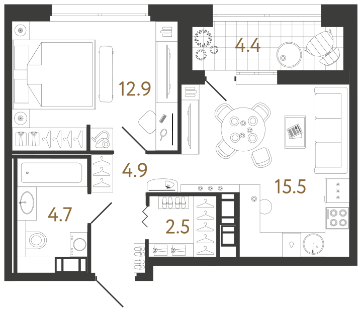 1-комнатная 40.5 м², 12 этаж, 16 060 563 руб.