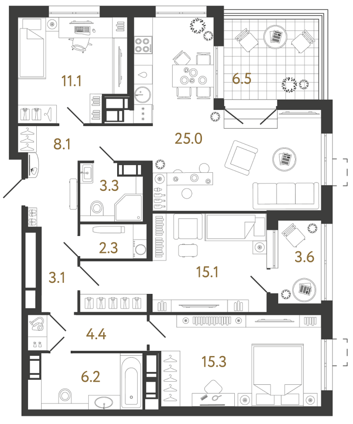 3-комнатная 93.9 м², 22 этаж, 29 620 079 руб.