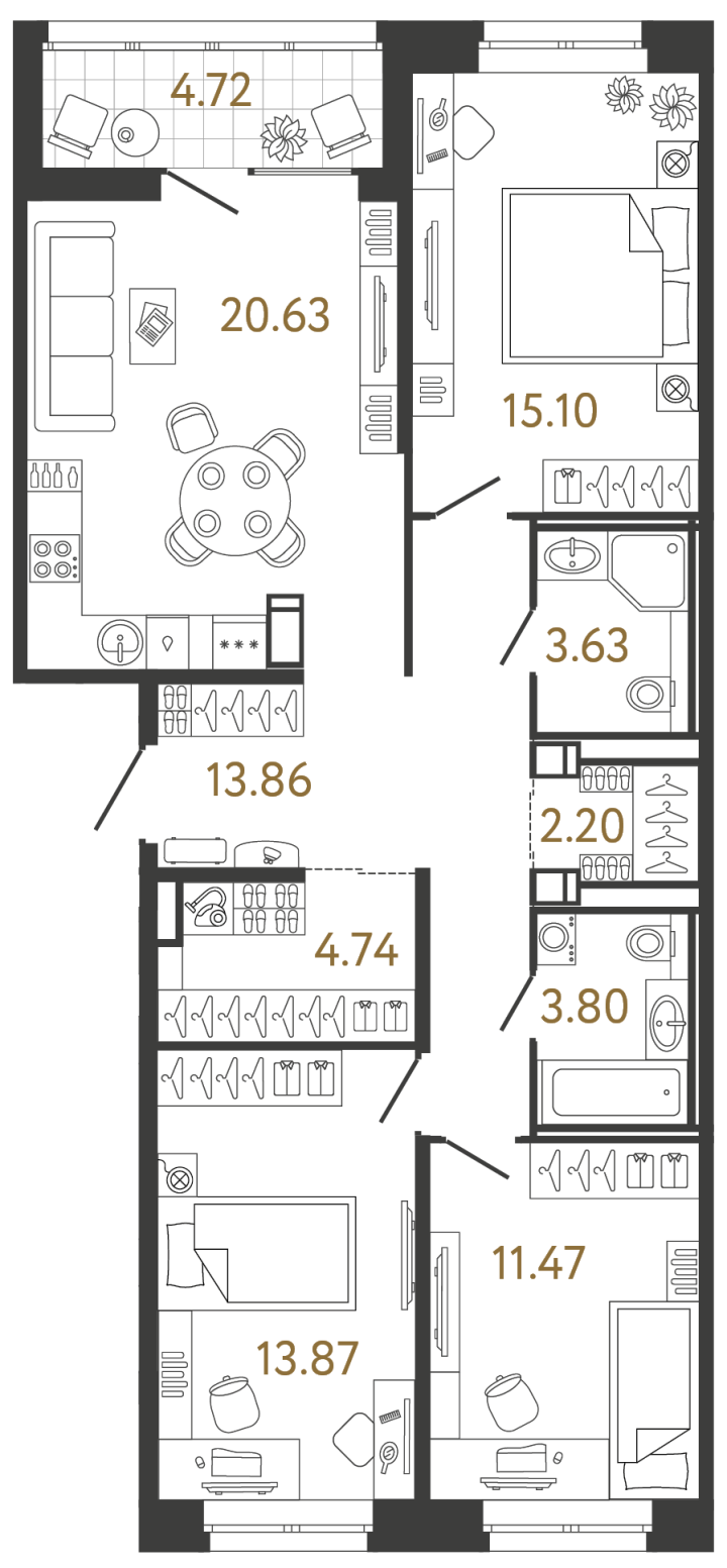 3-комнатная 89.3 м², 3 этаж, 21 344 182 руб.