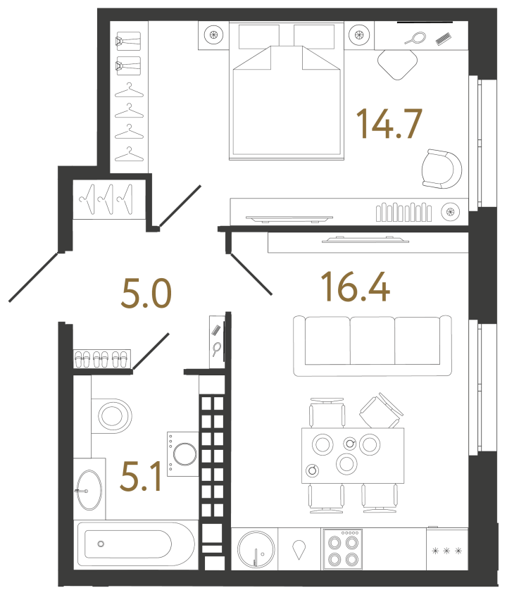 1-комнатная 41.2 м², 8 этаж, 25 956 000 руб.