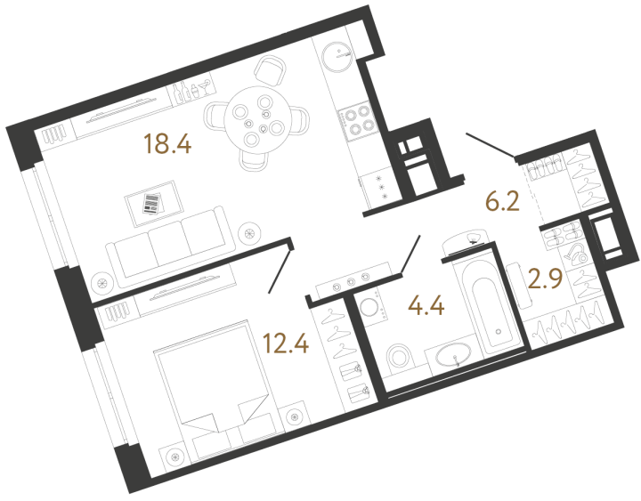 1-комнатная 44.3 м², 6 этаж, 16 223 262 руб.