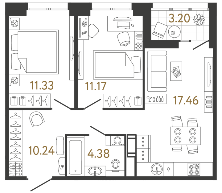 2-комнатная 54.58 м², 3 этаж, 12 805 118 руб.