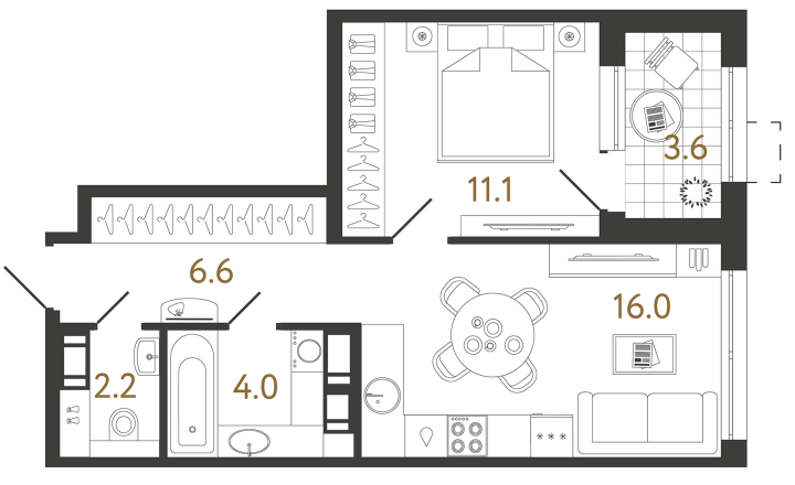 1-комнатная 39.9 м², 13 этаж, 13 232 871 руб.