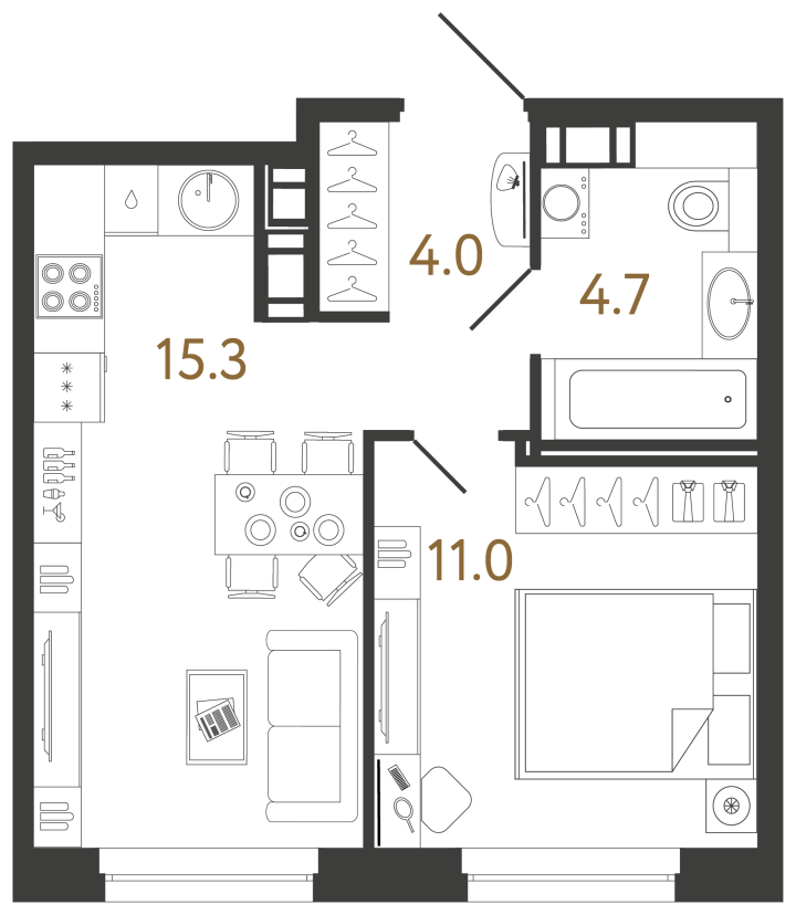 1-комнатная 35 м², 3 этаж, 11 909 993 руб.
