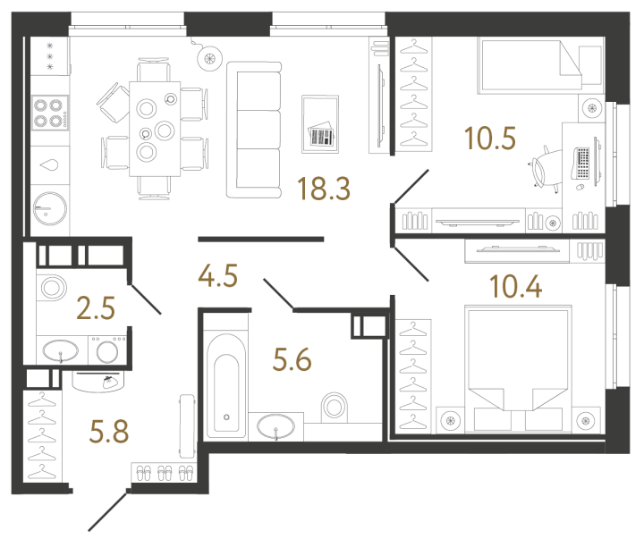 2-комнатная 57.6 м², 6 этаж, 15 691 864 руб.