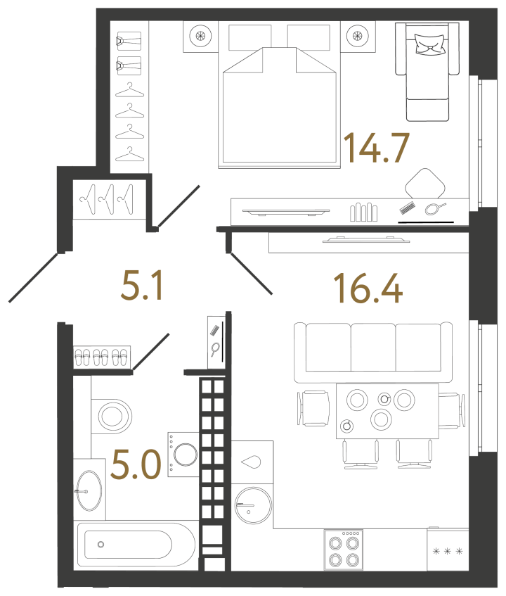 1-комнатная 41.2 м², 9 этаж, 25 956 000 руб.