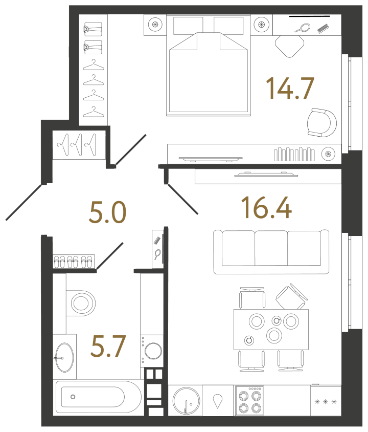 1-комнатная 41.8 м², 2 этаж, 26 334 000 руб.