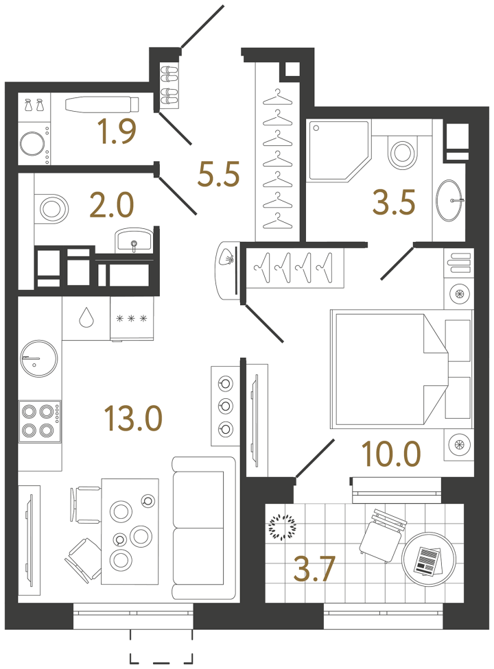 1-комнатная 35.9 м², 16 этаж