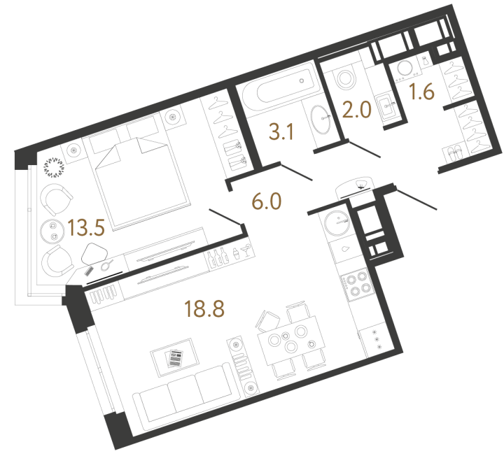 1-комнатная 45 м², 6 этаж, 16 810 052 руб.