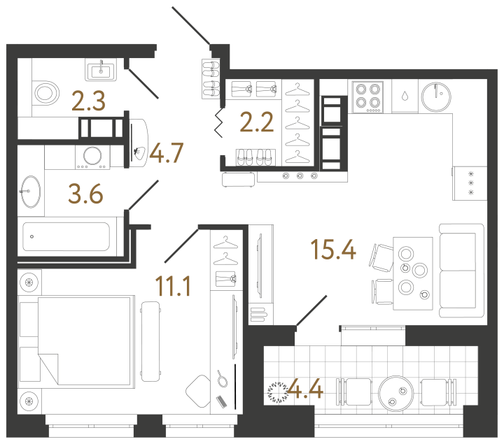 1-комнатная 39.3 м², 7 этаж, 16 026 112 руб.