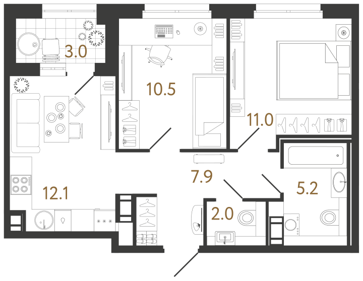 2-комнатная 48.7 м², 4 этаж, 15 300 000 руб.