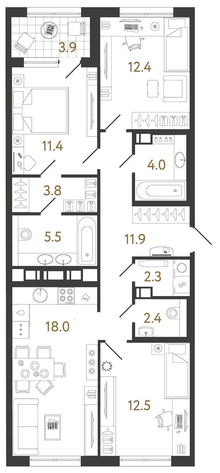 3-комнатная 84.2 м², 8 этаж, 22 228 926 руб.