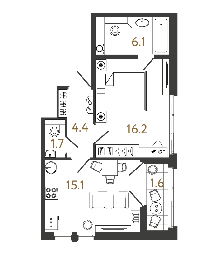 1-комнатная 43.5 м², 7 этаж, 24 347 190 руб.