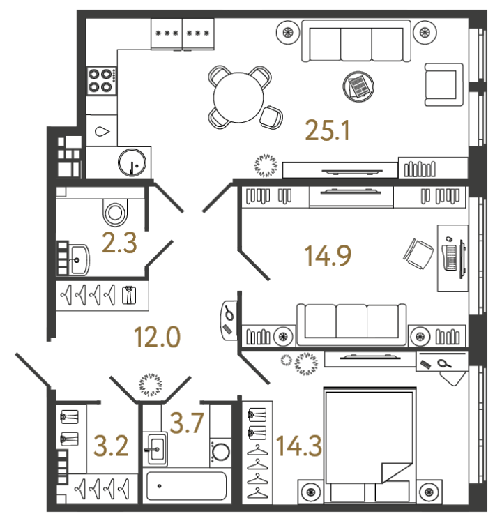 2-комнатная 75.5 м², 5 этаж, 35 587 324 руб.