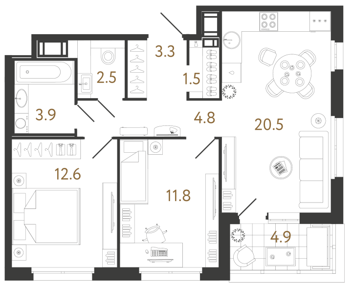 2-комнатная 60.9 м², 3 этаж, 20 434 757 руб.