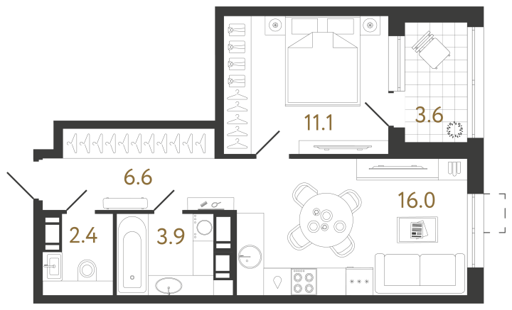 1-комнатная 40 м², 6 этаж, 11 739 816 руб.