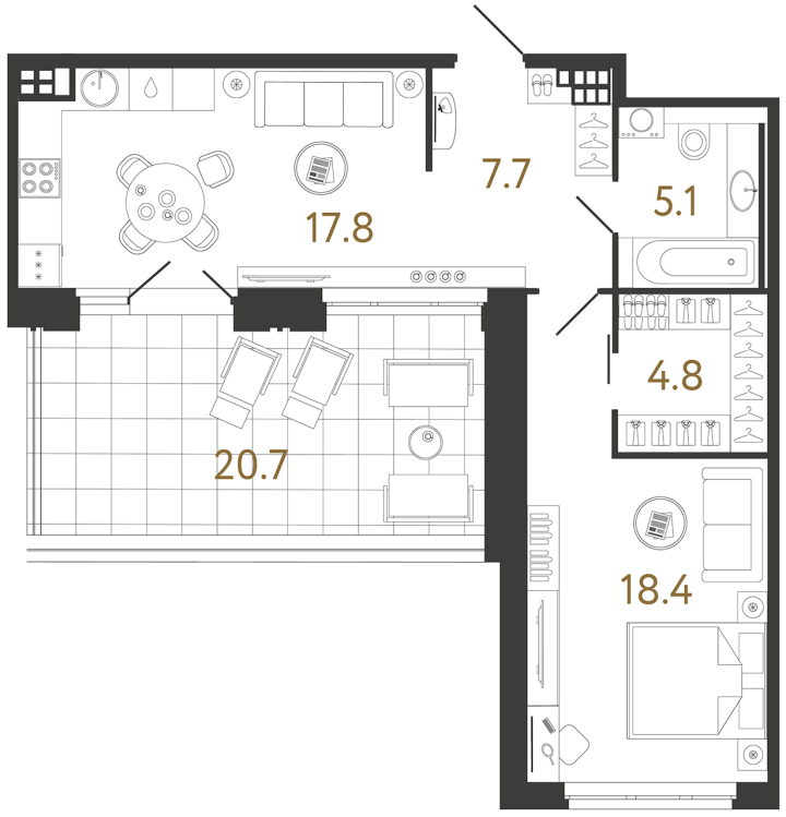 1-комнатная 53.8 м², 4 этаж, 33 894 000 руб.