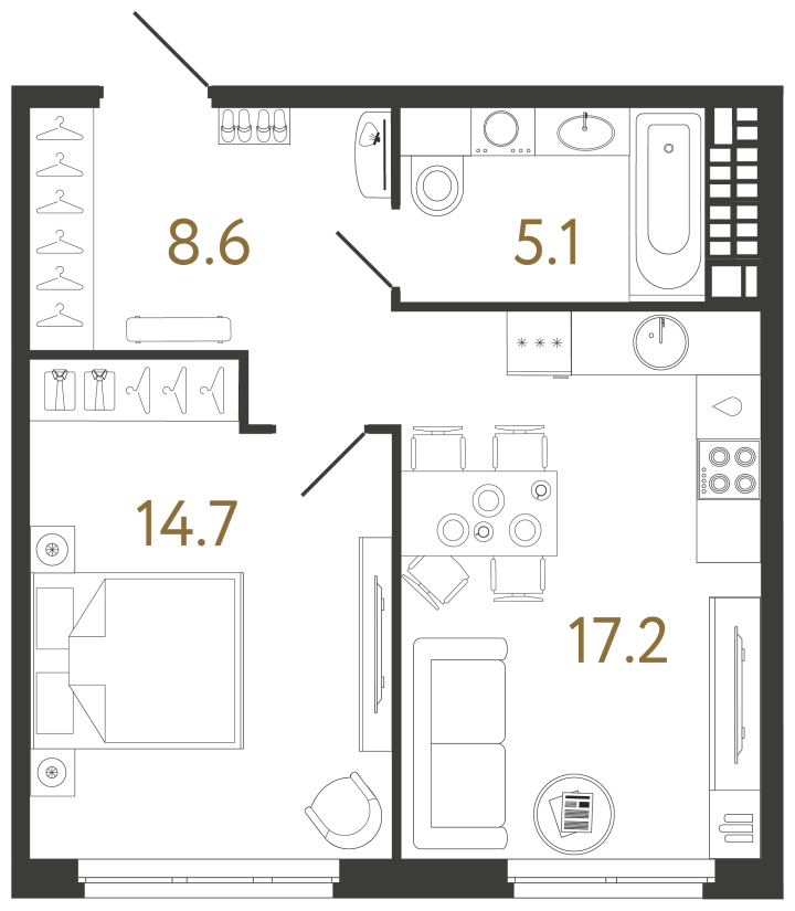 1-комнатная 45.6 м², 8 этаж, 28 728 000 руб.