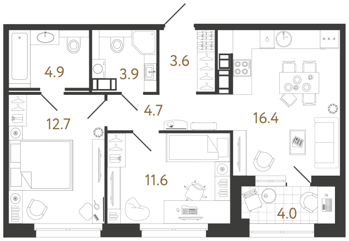 2-комнатная 57.8 м², 4 этаж, 19 587 195 руб.