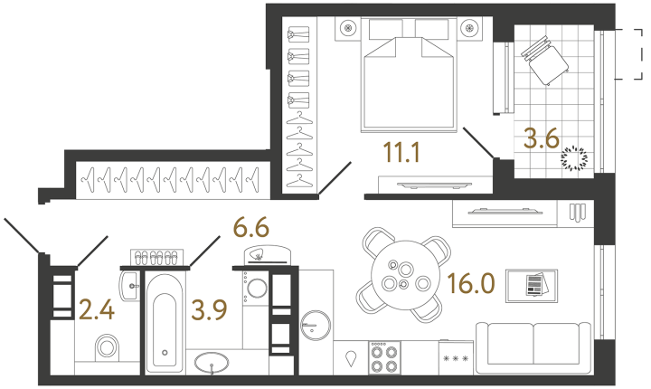 1-комнатная 40 м², 3 этаж, 12 377 808 руб.