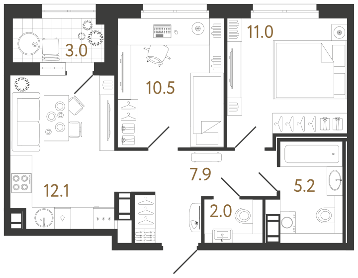 2-комнатная 48.7 м², 8 этаж, 15 459 630 руб.