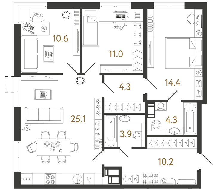 3-комнатная 83.8 м², 12 этаж, 23 225 966 руб.