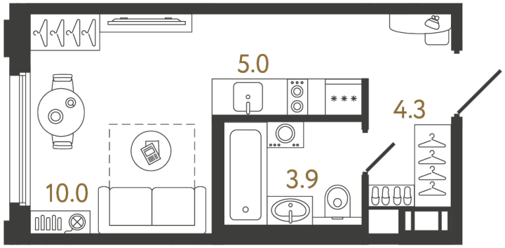 Студия 23.2 м², 2 этаж